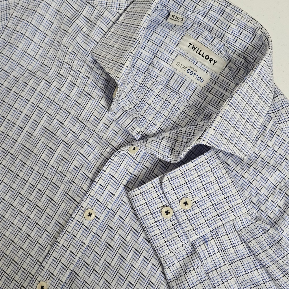 Twillory Safe Cotton Non-Iron Tailored Fit Dress Shirt Mens 15 34/35 Blue Check